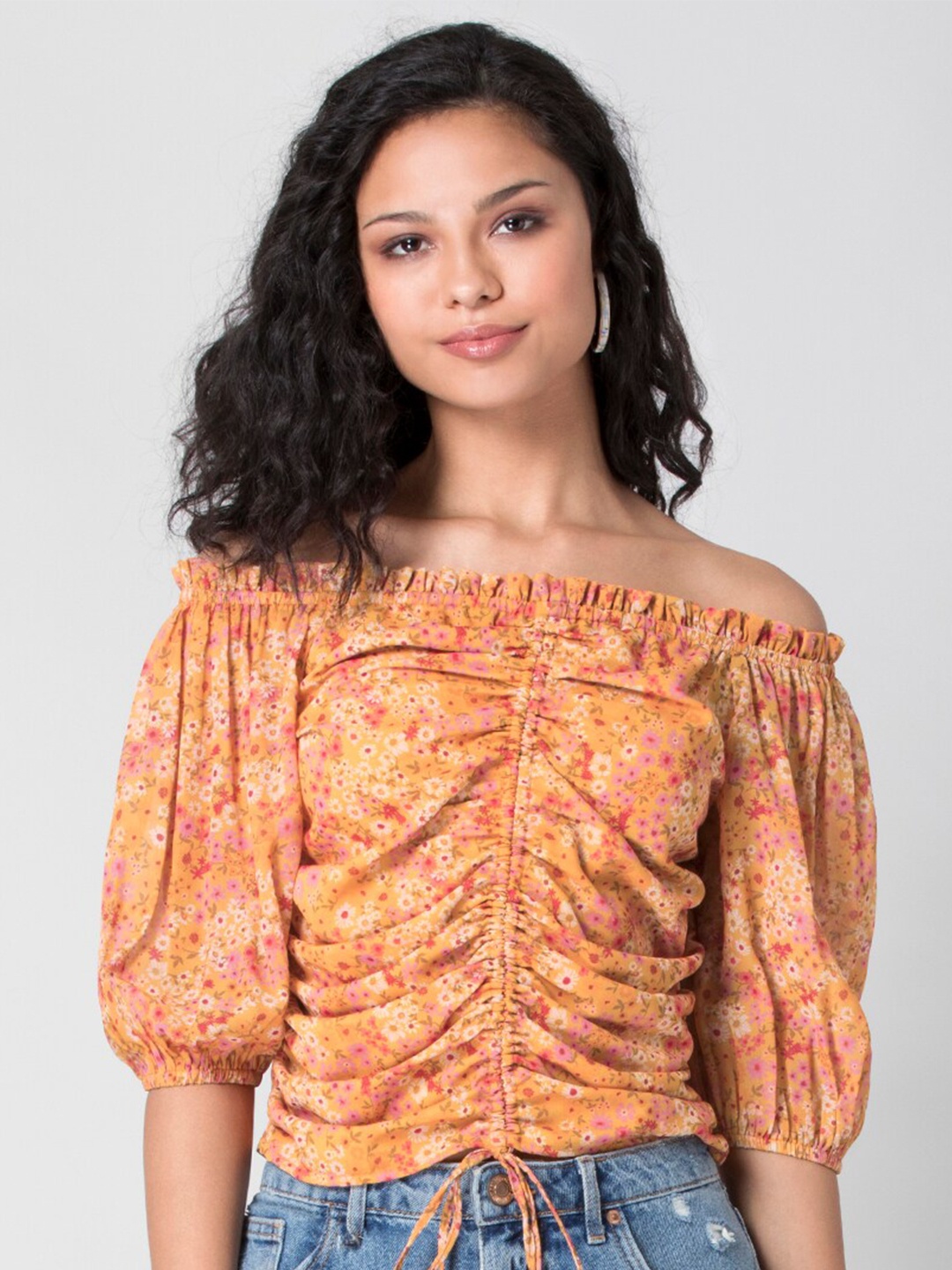

FabAlley Off-Shoulder Floral Printed Front Ruched Smocked Georgette Bardot Top, Yellow
