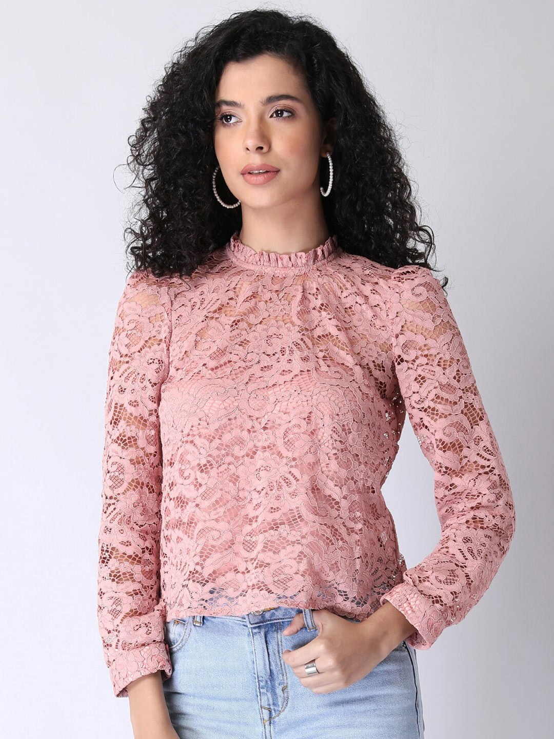 

FabAlley High Neck Self Design Floral Lace Top, Pink