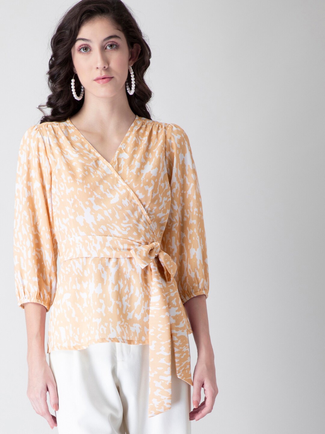 

FabAlley V-Neck Abstract Printed Georgette Wrap Top With Belt, Beige
