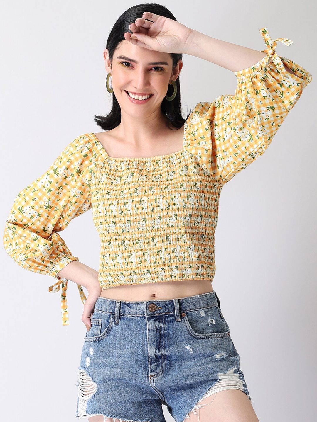 

FabAlley Square Neck Floral Printed Smocked Pure Cotton Fitted Crop Top, Yellow