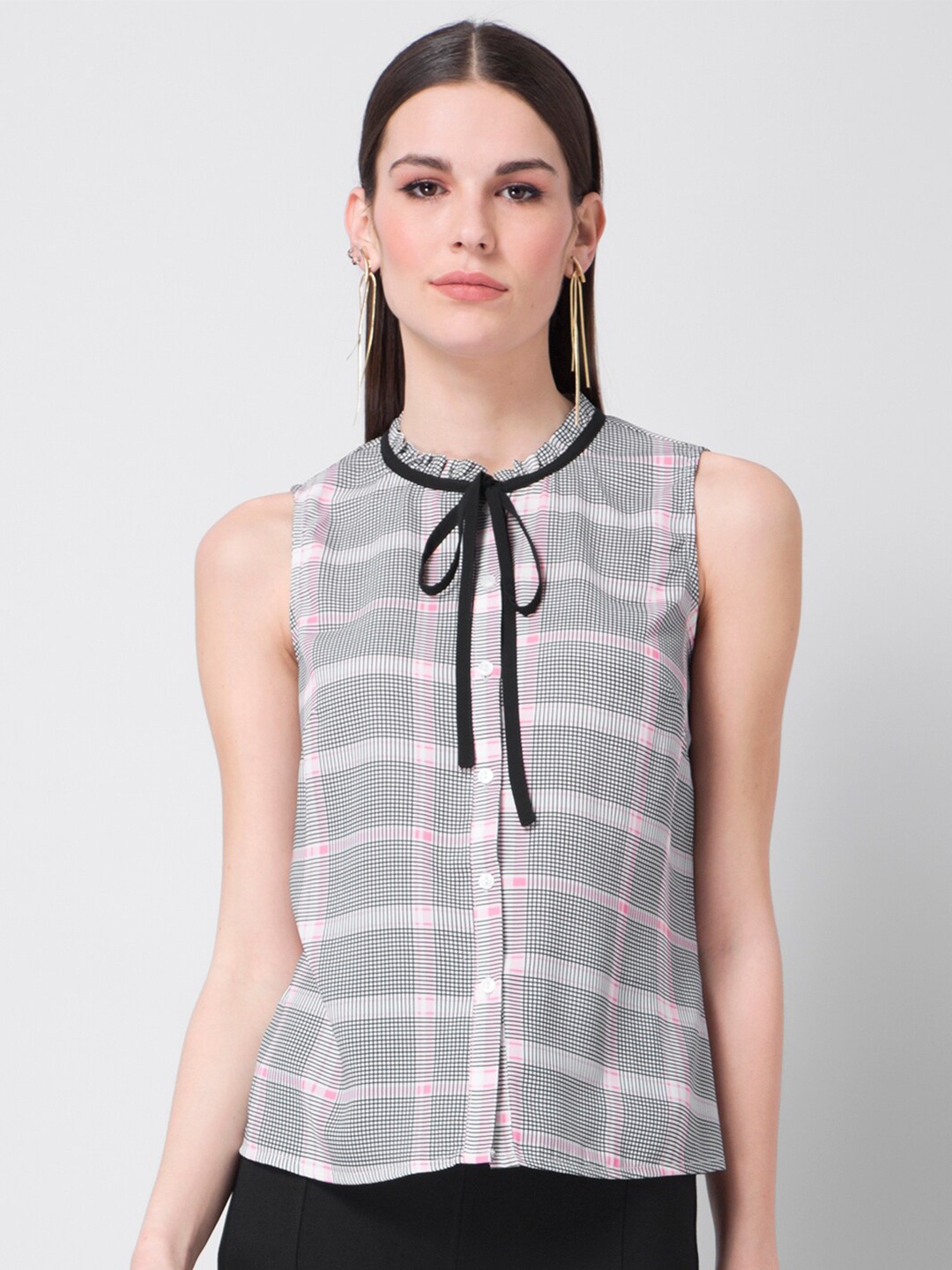 

FabAlley Checked Tie-Up Neck Georgette Shirt Style Top, Black