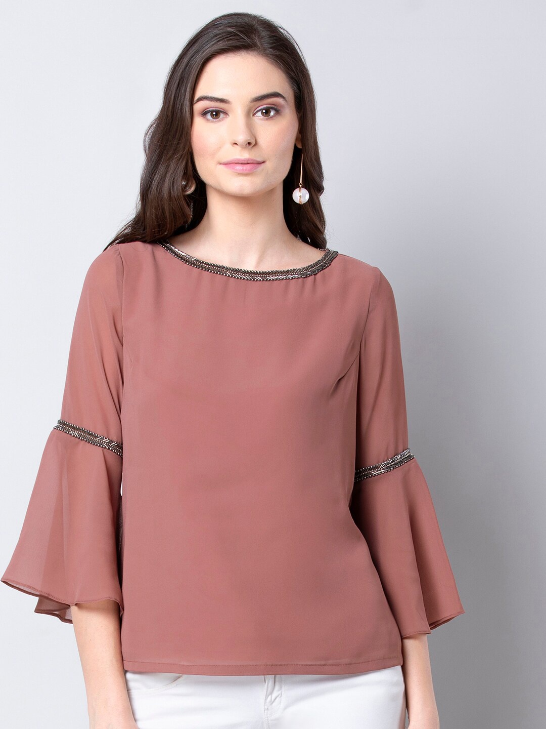 

FabAlley Embellished Bell Sleeves Georgette Top, Beige