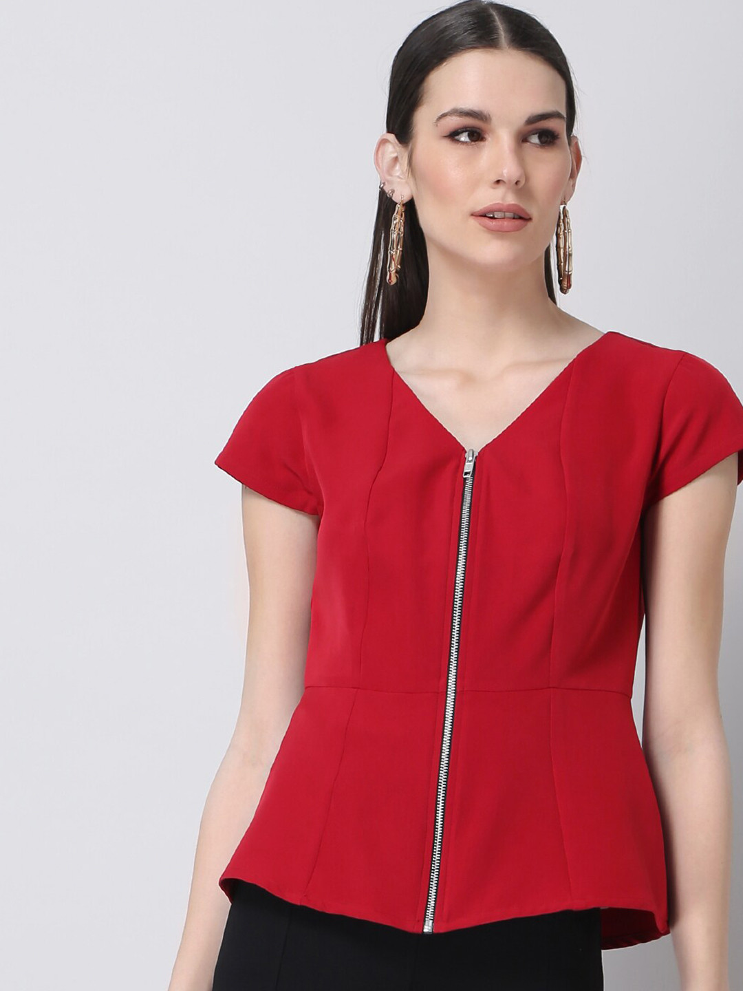 

FabAlley V-Neck Front Zipped Peplum Top, Red