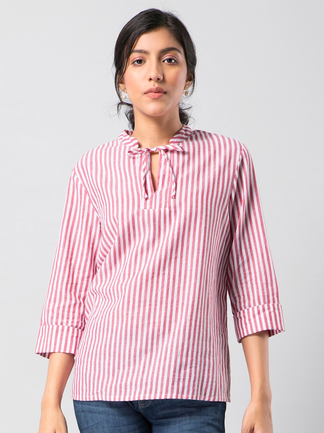 

FabAlley Tie-Up Neck Vertical Striped Regular Pure Cotton Top, Red