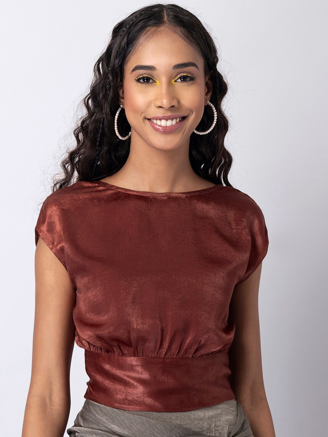 

FabAlley Tie-Up Back Satin Blouson Top, Brown