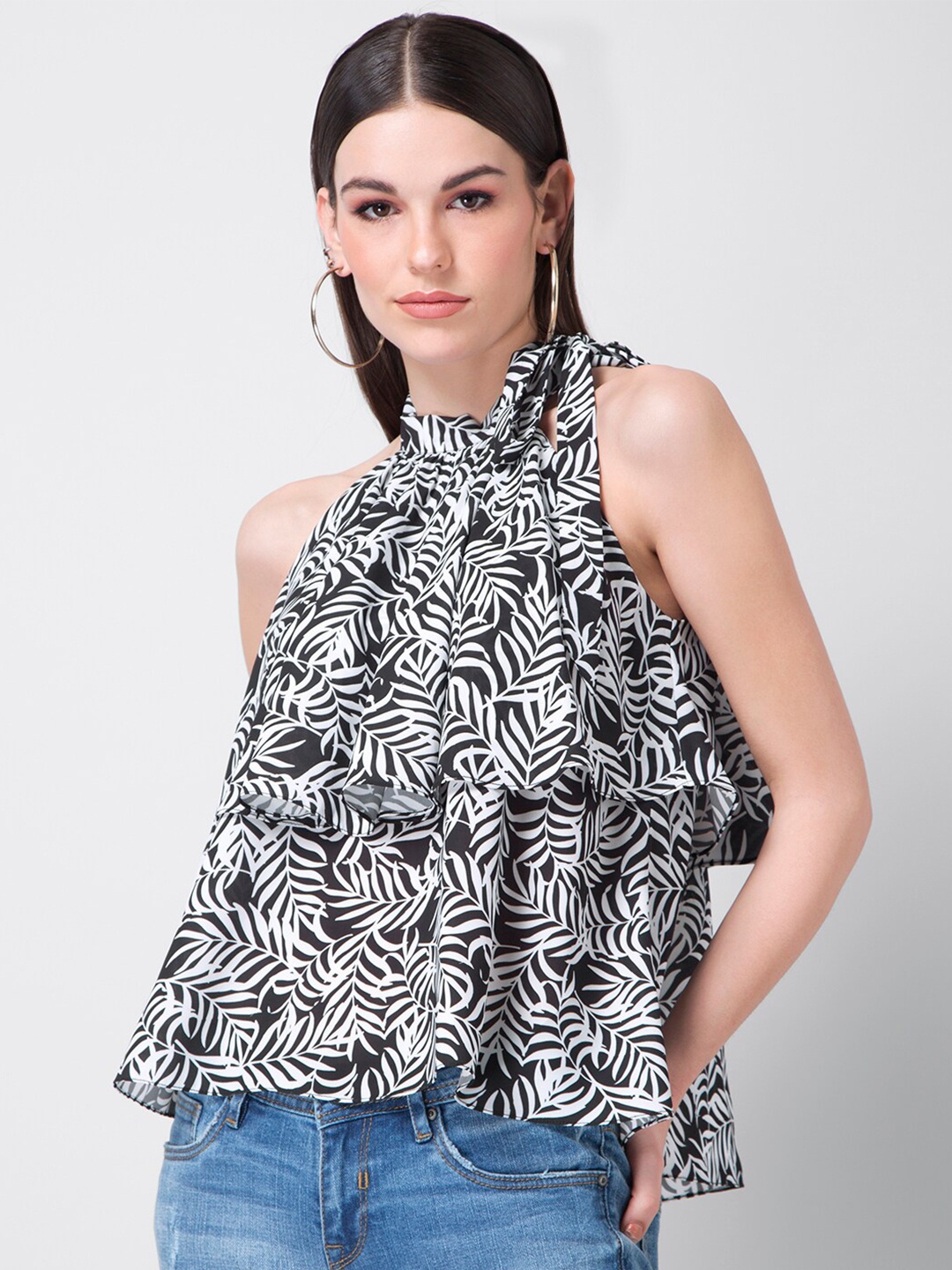 

FabAlley Tropical Printed Layered Tie-Up Detail Halter Neck Top, Black
