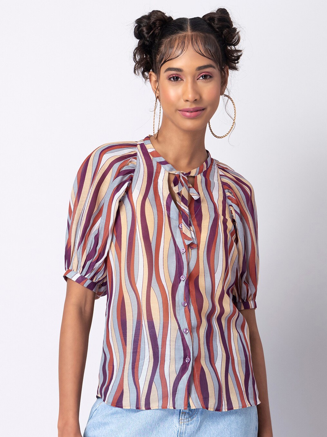 

FabAlley Striped Tie-Up Neck Puff Sleeves Shirt Style Top, Beige