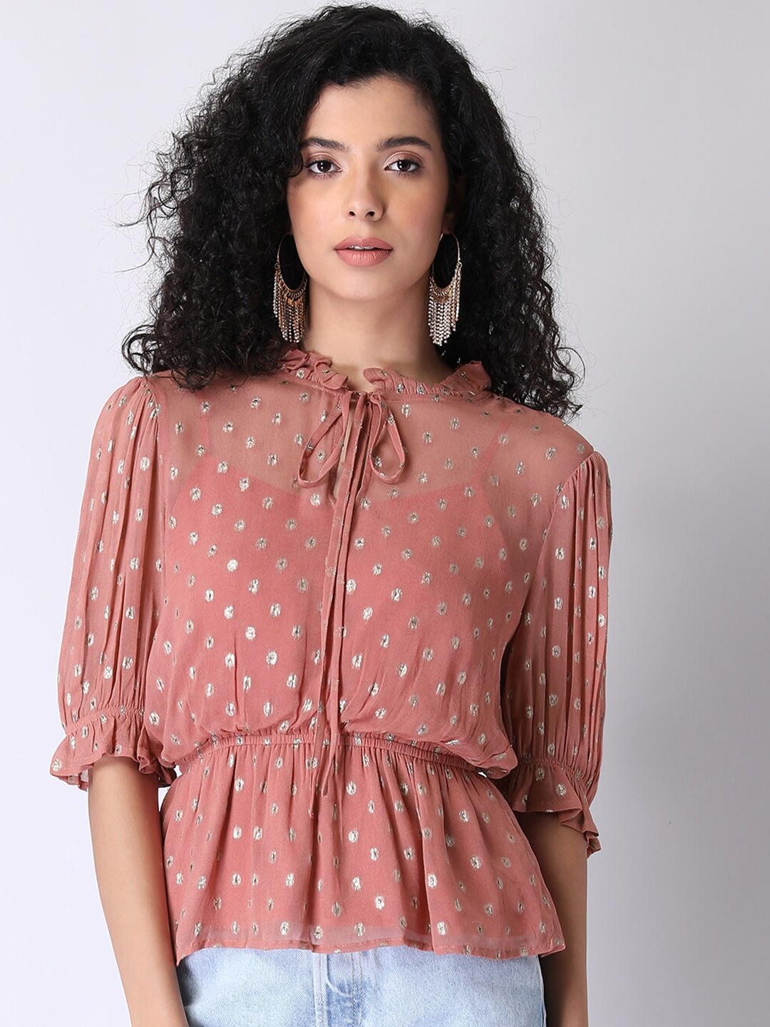 

FabAlley Self Design Tie-Up Neck Puff Sleeves Gathered Georgette Cinched Waist Top, Coral