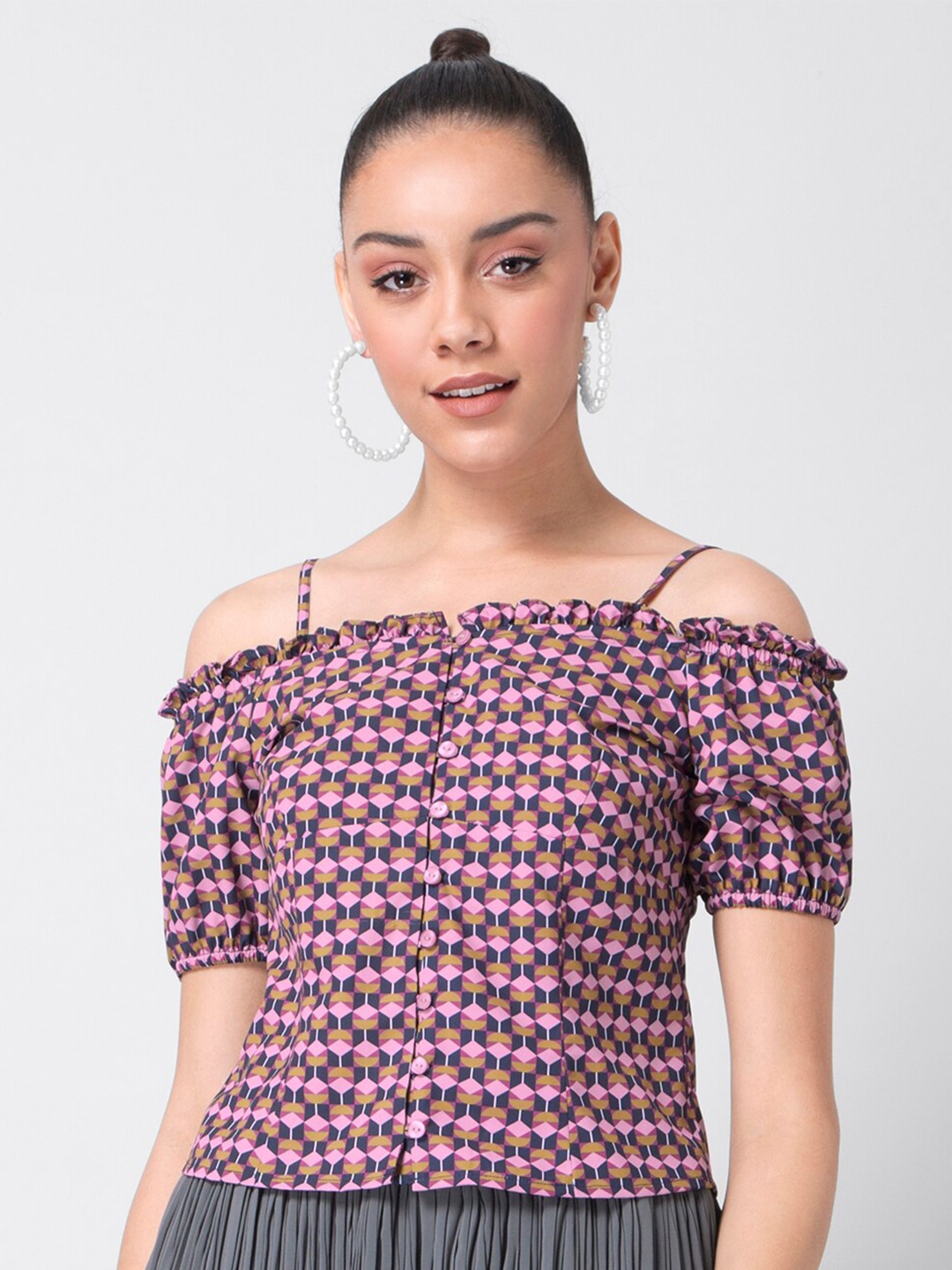 

FabAlley Geometric Printed Smocked Bardot Top, Pink