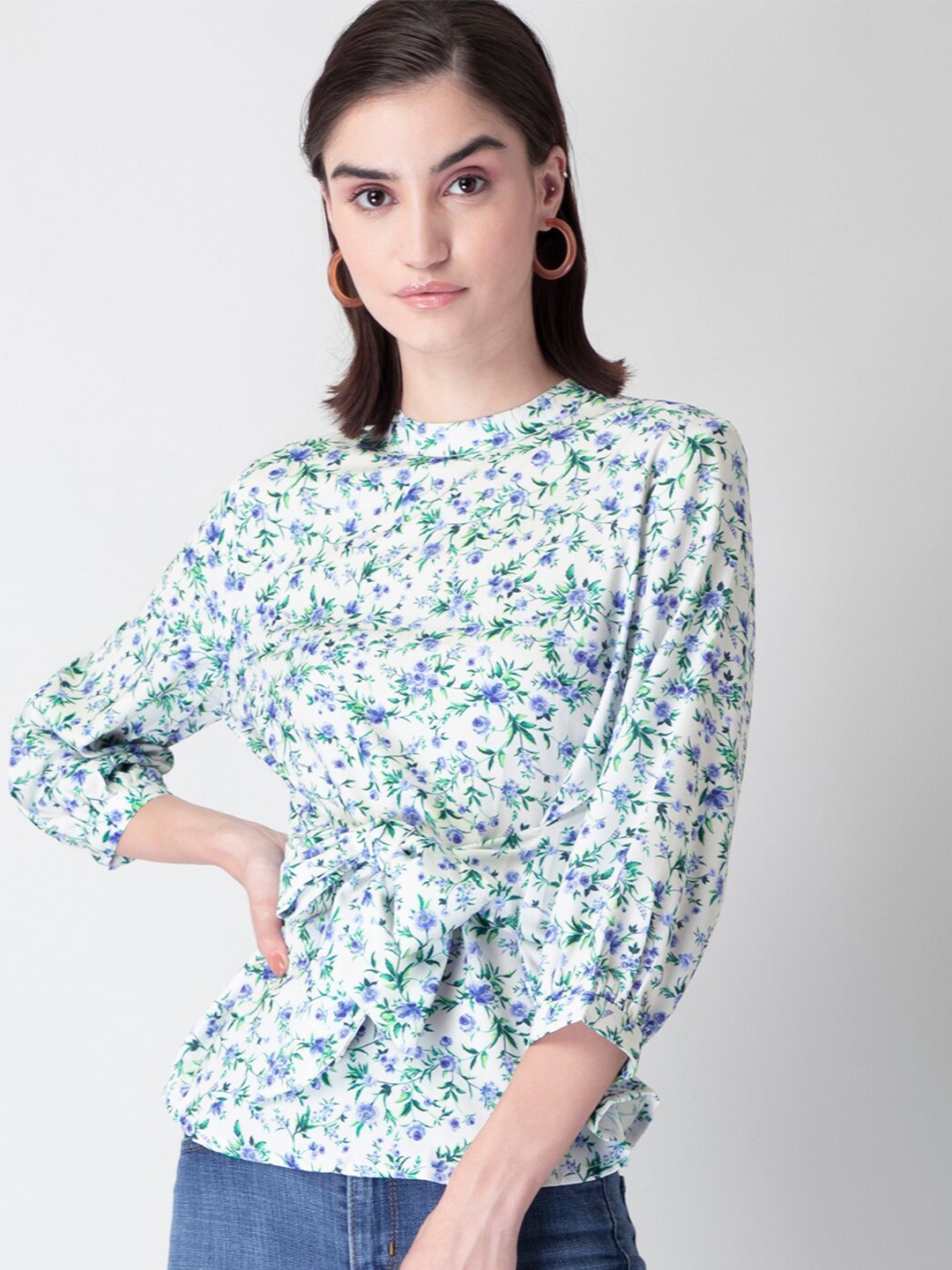 

FabAlley Floral Printed High Neck Waist Tie-Up Detail Georgette Top, Off white