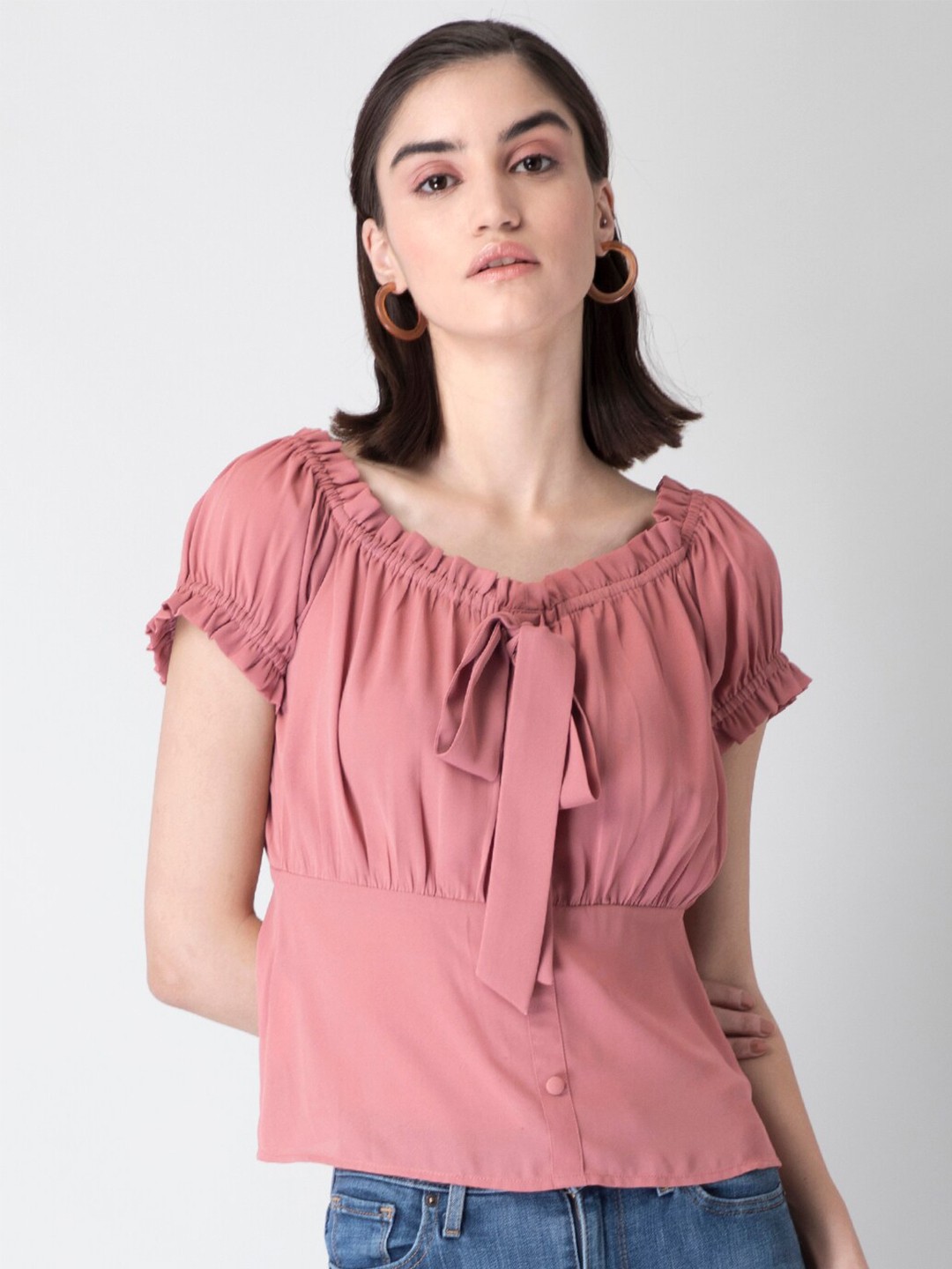 

FabAlley Tie-Up Neck Puff Sleeves Gathered Top, Coral