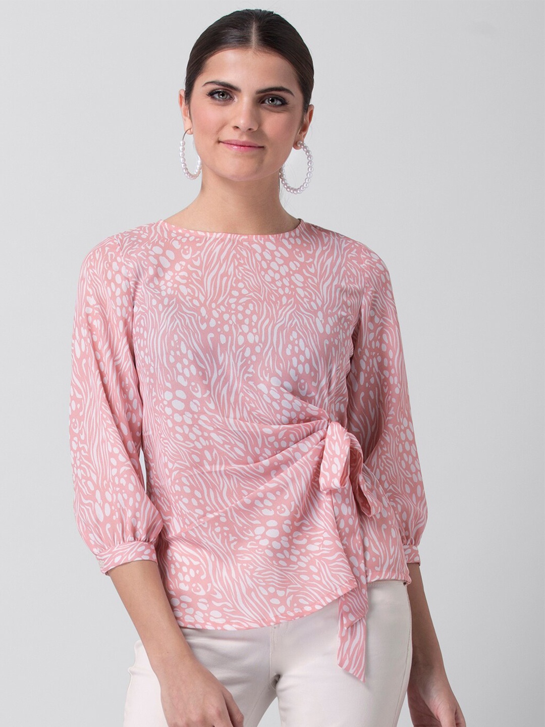 

FabAlley Abstract Printed Boat Neck Tie-Up Detail Georgette Top, Pink
