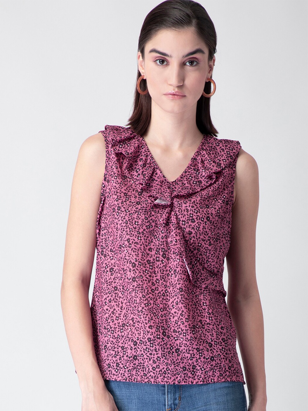 

FabAlley Floral Printed V-Neck Ruffled Top, Purple
