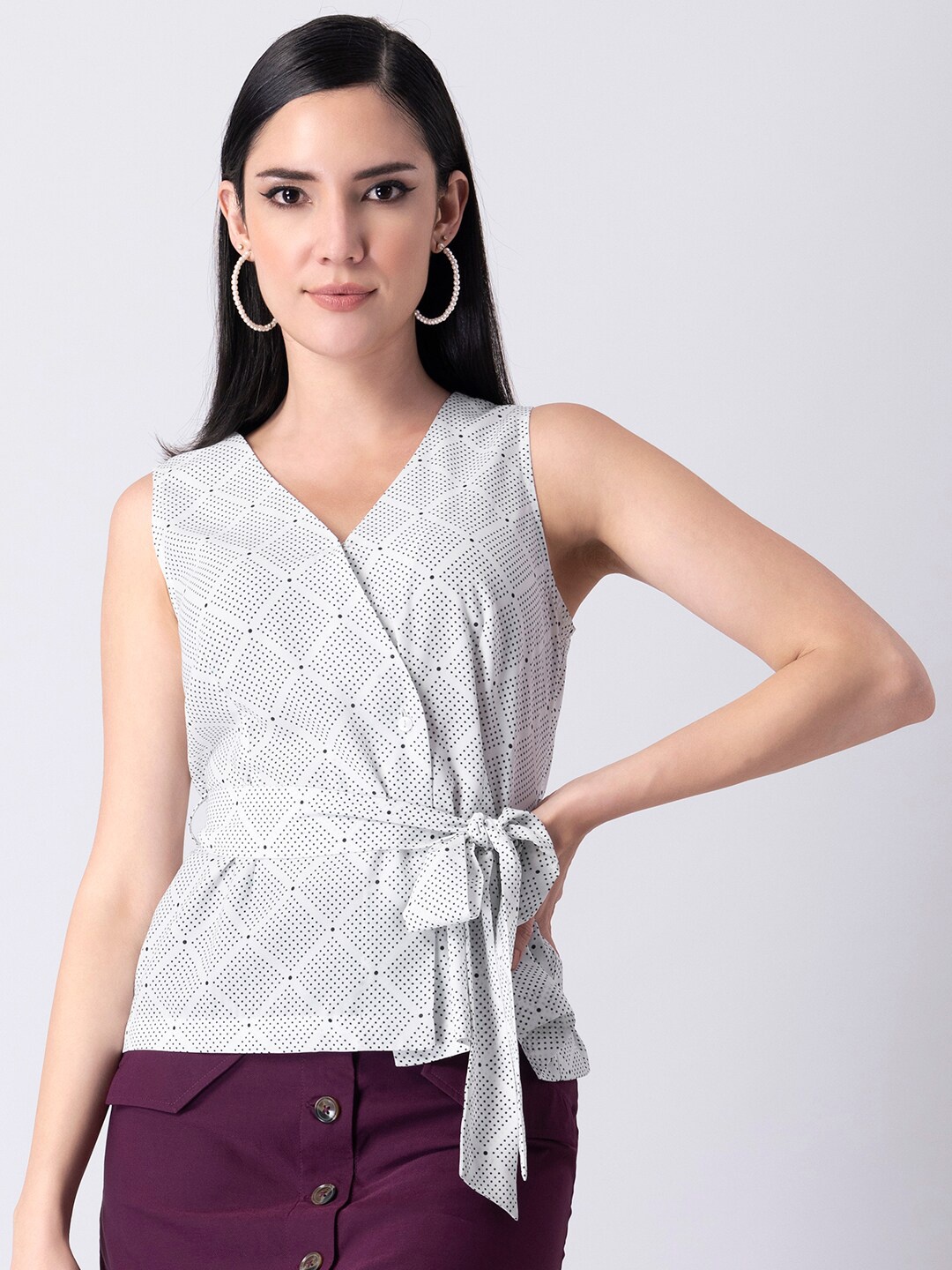 

FabAlley Micro Ditsy Printed Belted Wrap Crop Top, Off white