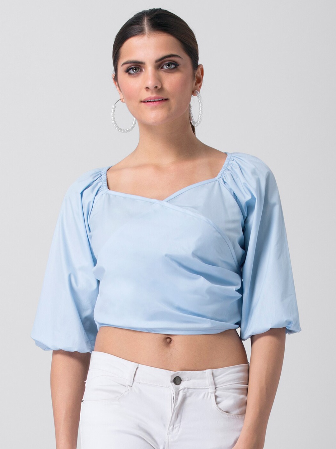 

FabAlley Puff Sleeves Pure Cotton Wrap Crop Top, Blue