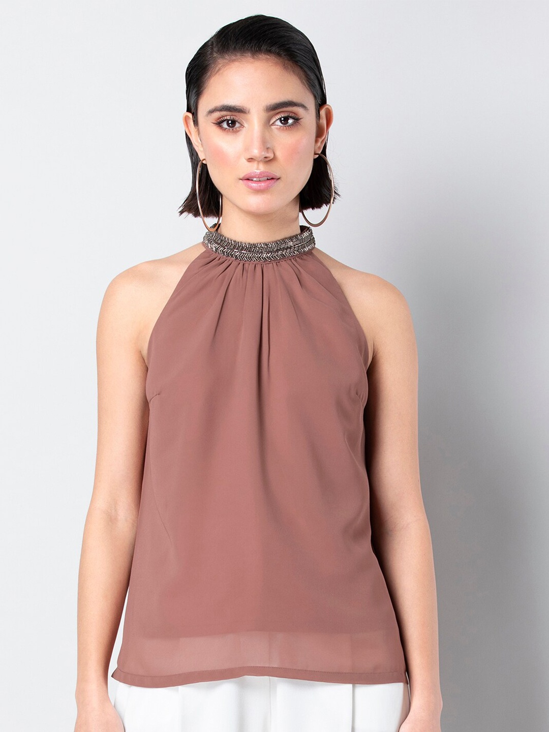 

FabAlley Jewel Neck Embellished Top, Brown