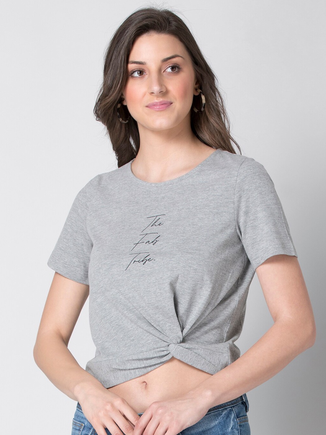

FabAlley Typography Printed Side Knot Crop Top, Grey
