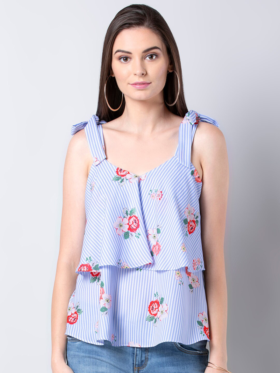 

FabAlley Floral Printed Shoulder Straps Georgette Tiered Top, Blue
