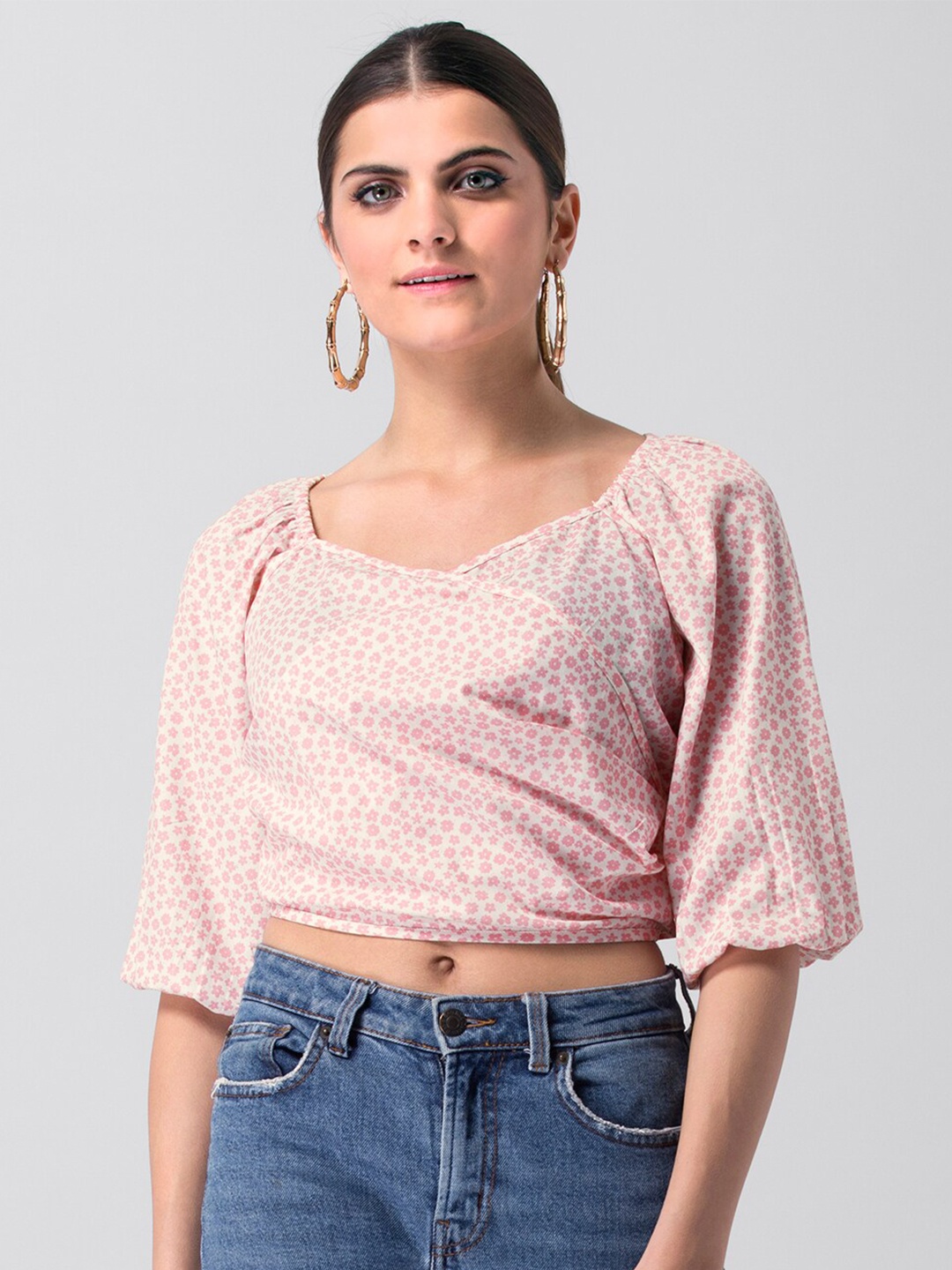 

FabAlley Floral Printed Sweetheart Neck Pure Cotton Crop Wrap Top, Pink