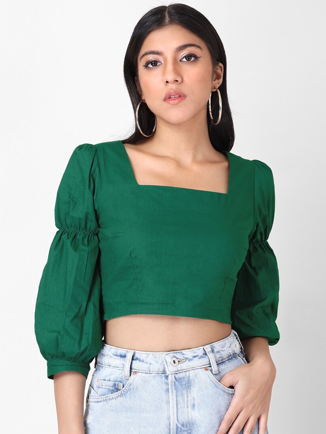 

FabAlley Square Neck Puff Sleeve Pure Cotton Crop Top, Green