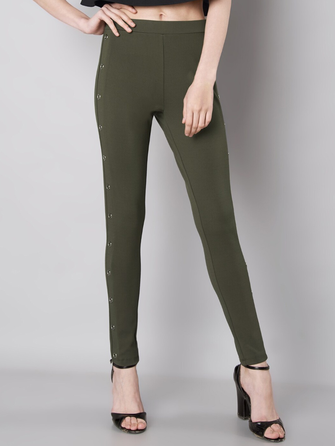 

FabAlley Grommet Insert Detailed Ankle-Length Leggings, Olive