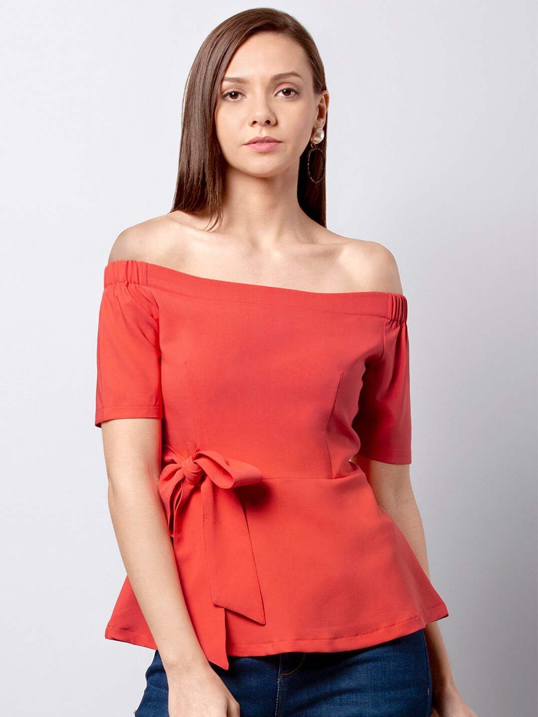 

FabAlley Off-Shoulder Bardot Top, Coral