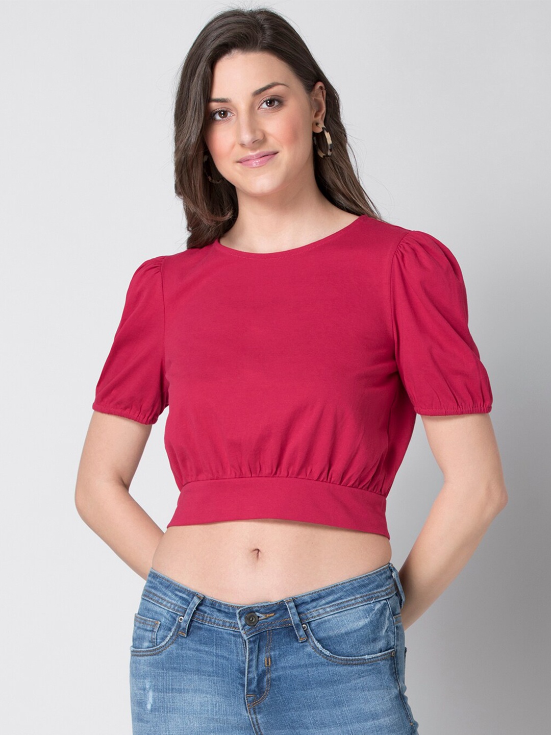 

FabAlley Blouson Puff Sleeve Crop Top, Pink