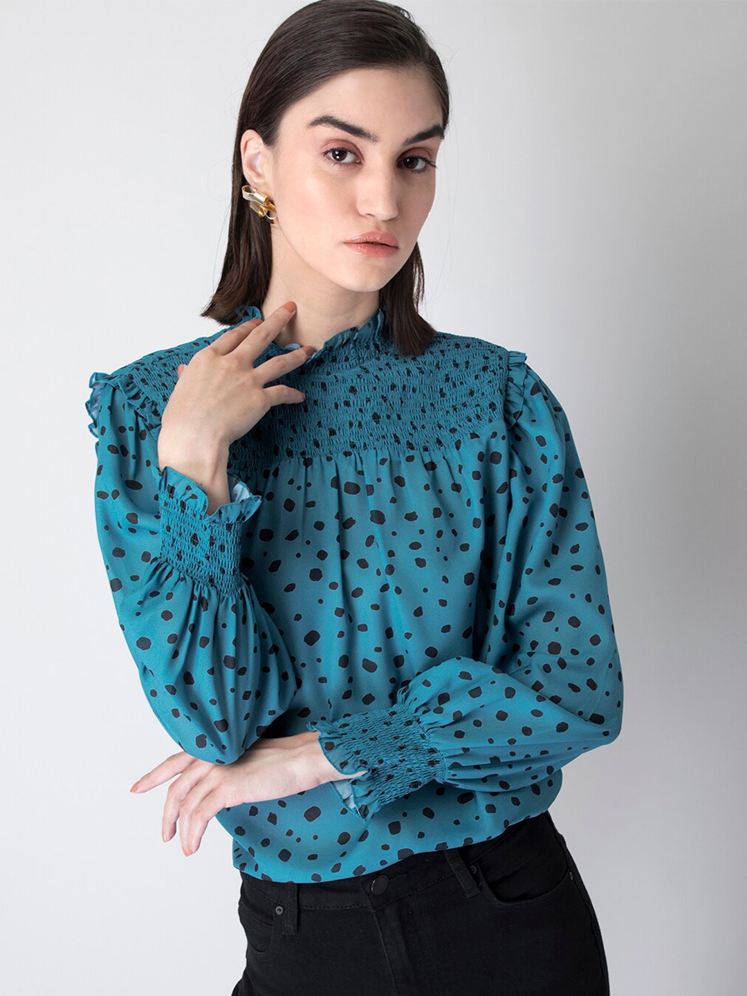 

FabAlley Animal Printed Ruffled High Neck Smocked Georgette Blouson Top, Teal