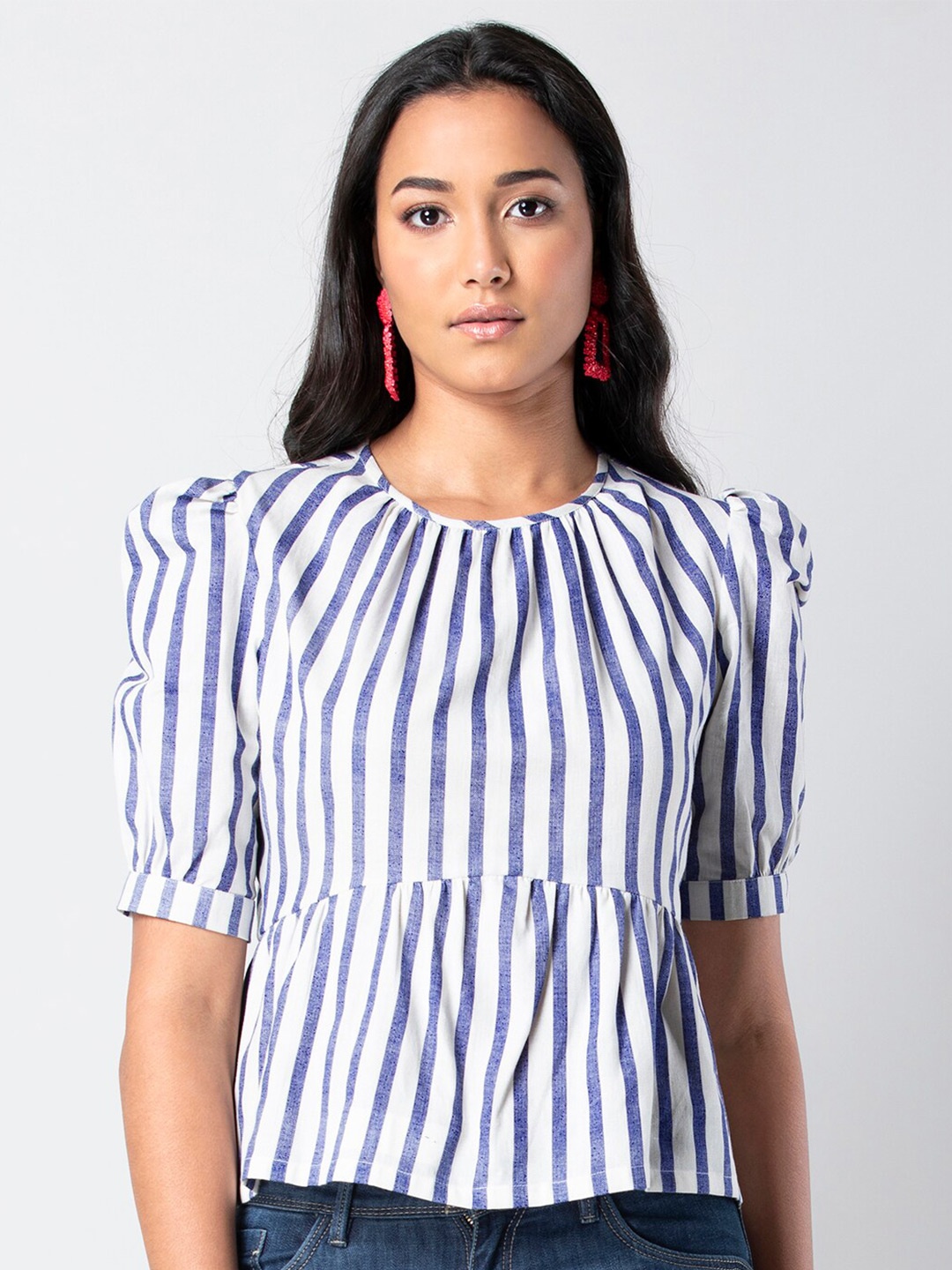 

FabAlley Striped Puff Sleeves Peplum Top, Blue