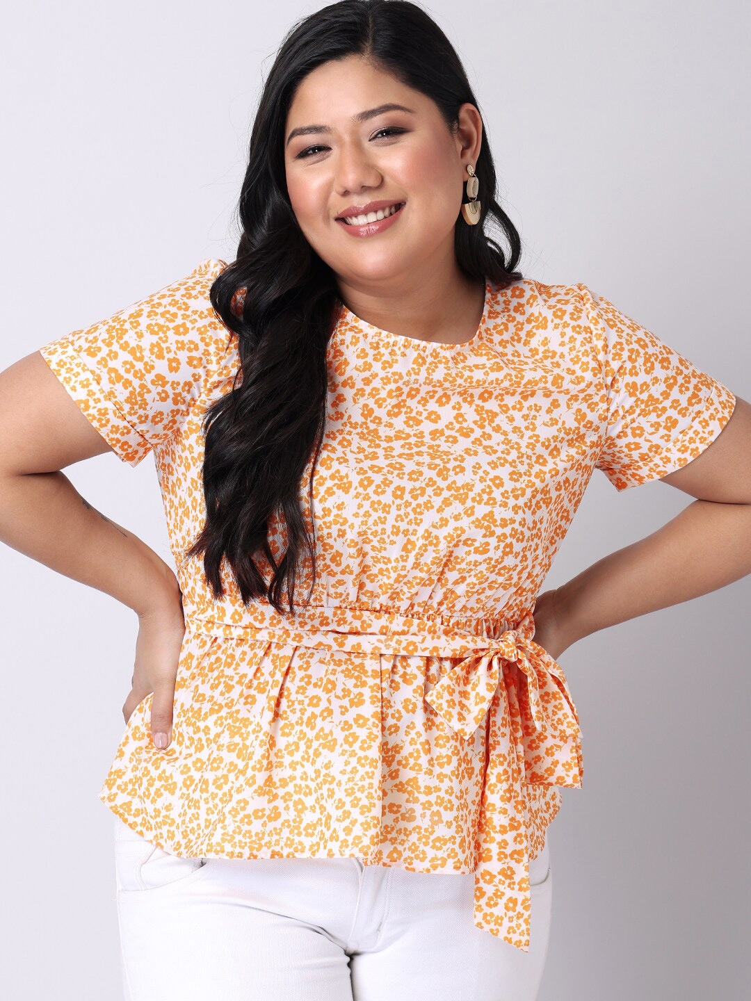 

FabAlley Floral Printed Smocking Waist Tie-up Peplum Top, Yellow