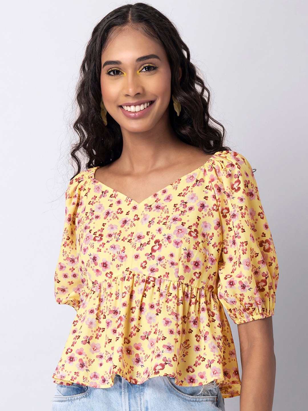 

FabAlley Floral Printed Puff Sleeves Empire Top, Yellow