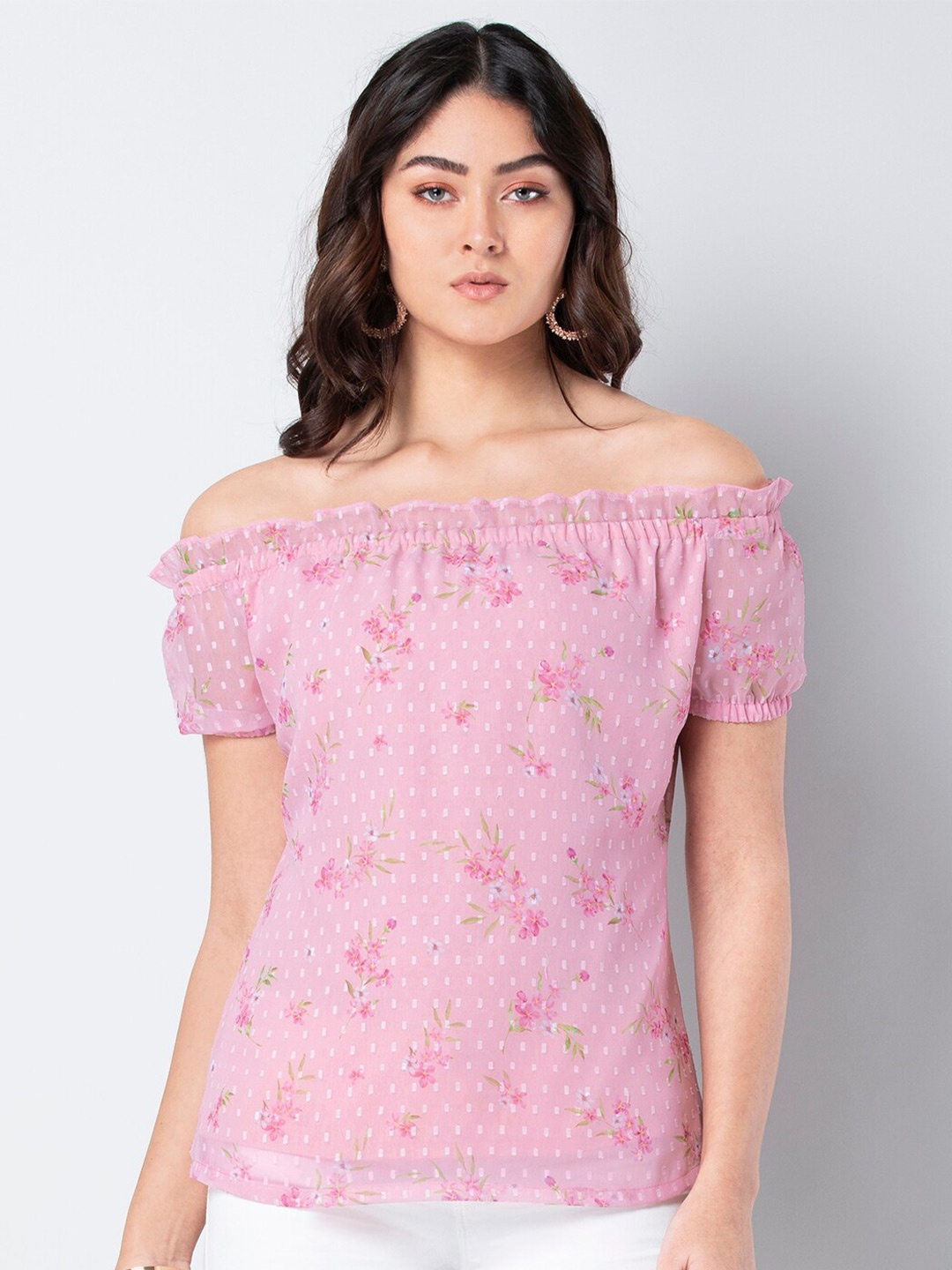 

FabAlley Floral Printed Off-Shoulder Georgette Bardot Top, Pink