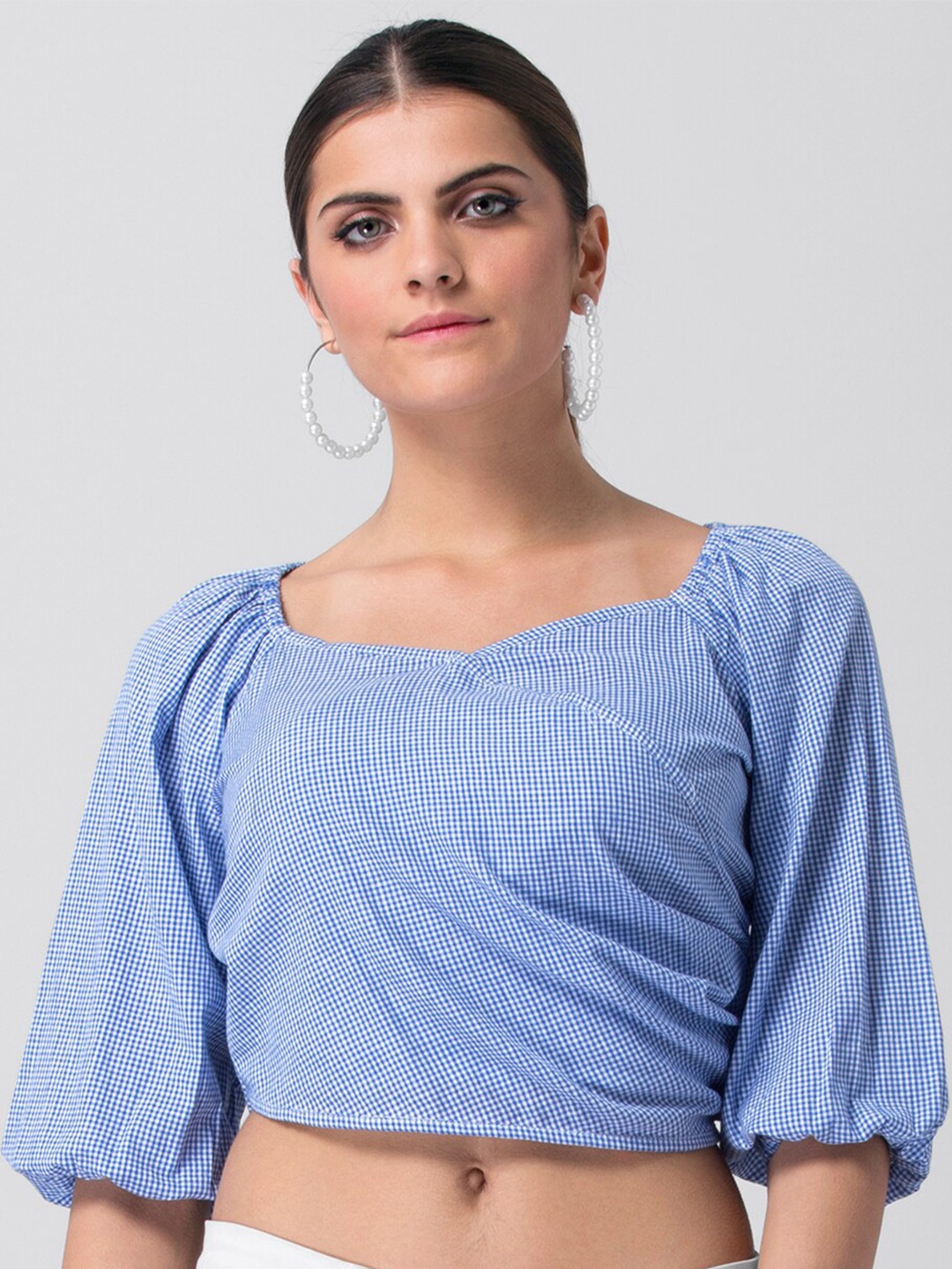 

FabAlley Checked Puff Sleeves Cotton Styled Back Crop Wrap Top, Blue