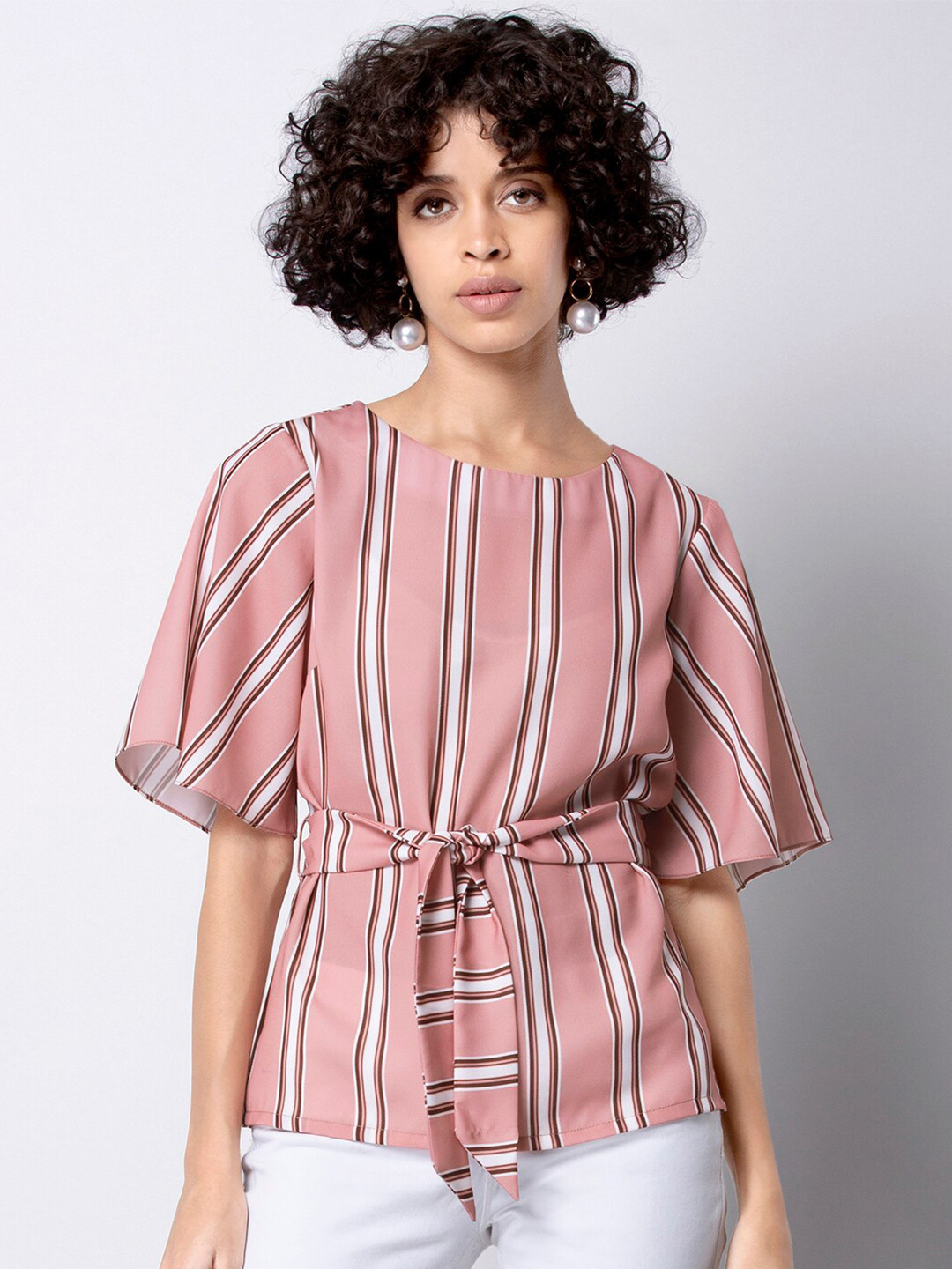 

FabAlley Striped Georgette Cinched Waist Top, Pink