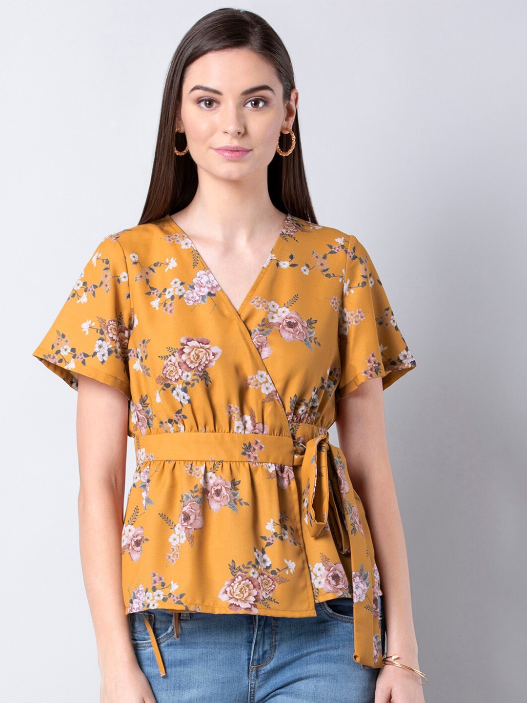 

FabAlley Floral Printed Georgette Wrap Top, Mustard