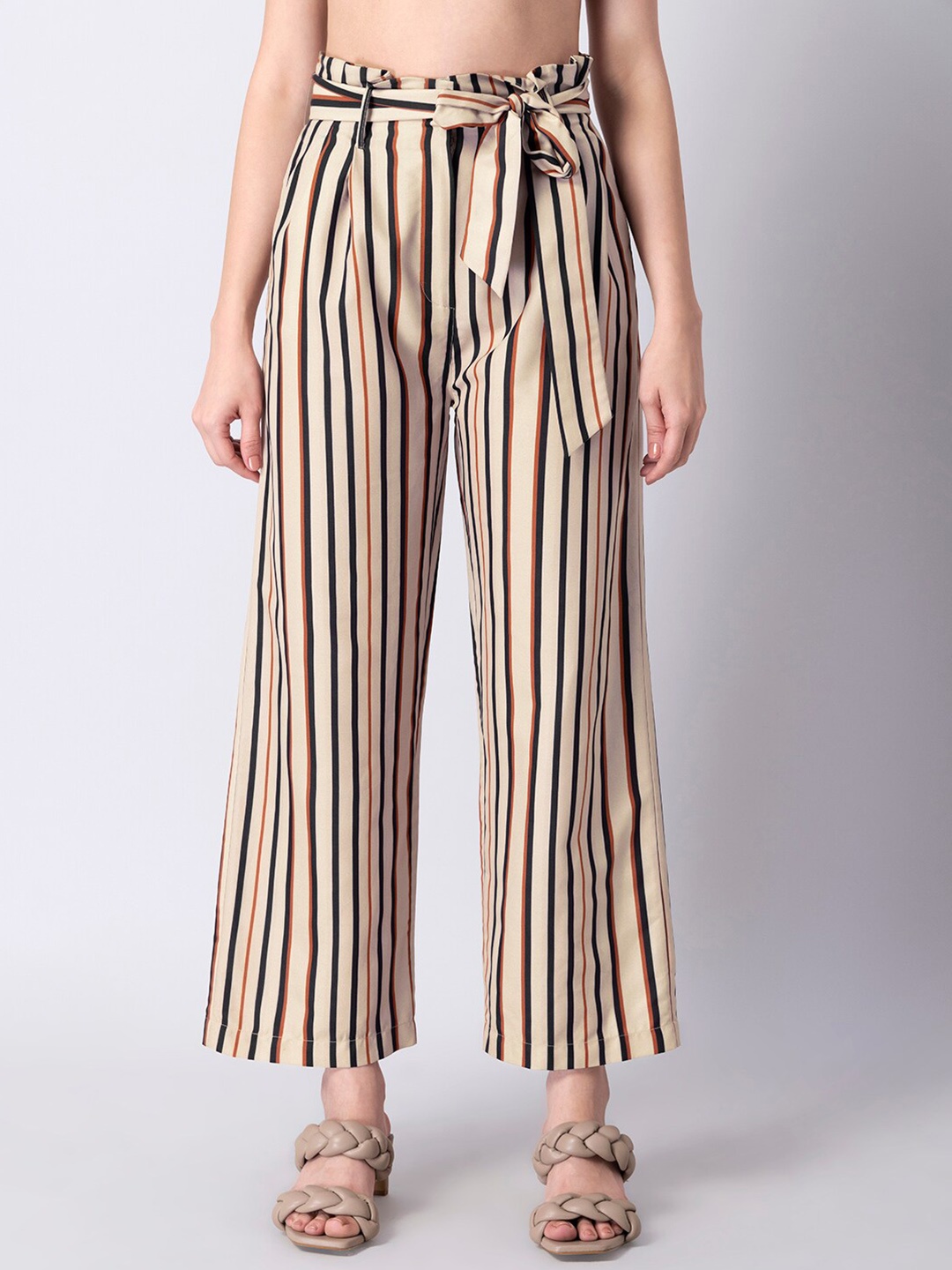 

FabAlley Women Striped Straight-Fit Palazzos, Beige
