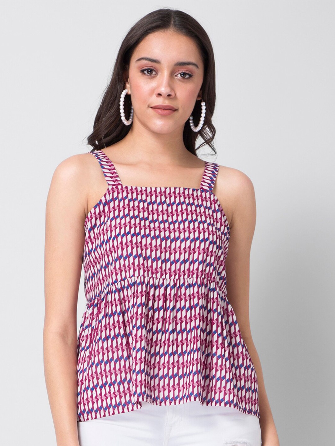 

FabAlley Shoulder Straps Geometric Printed A-Line Top, Maroon