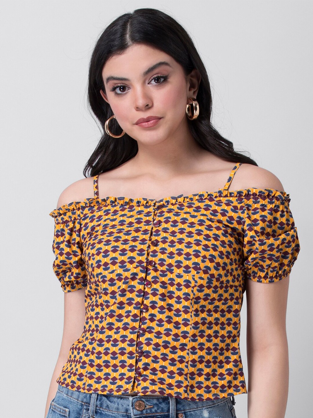 

FabAlley Geometric Printed Cold-Shoulder Sleeves Bardot Top, Yellow