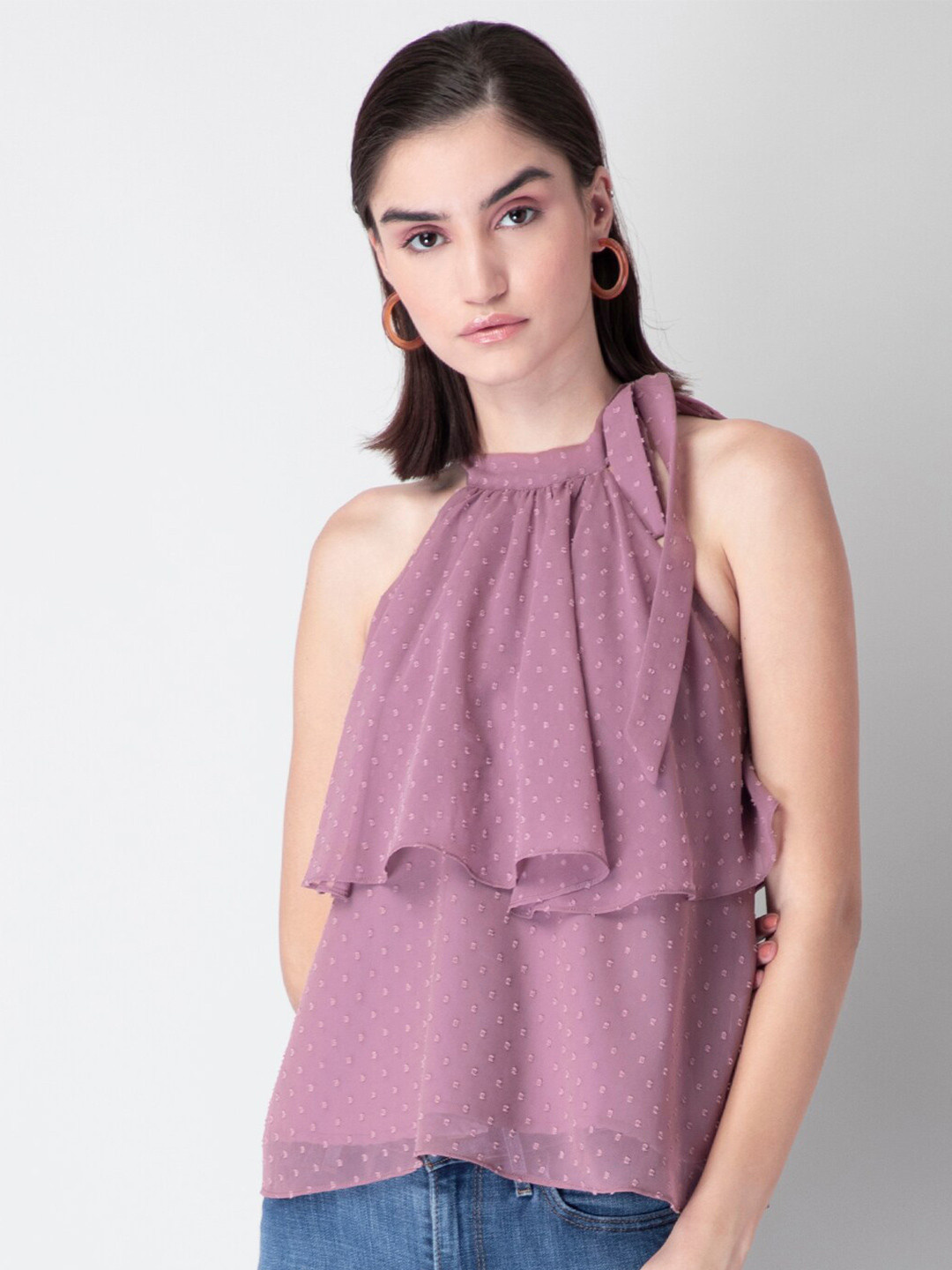 

FabAlley Self Design Tie-Up Neck Layered Top, Purple