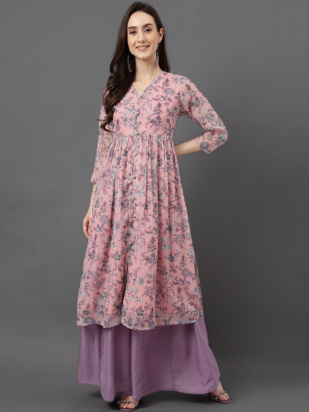 

Janasya Floral Printed V-Neck A-Line Chiffon Kurta, Pink