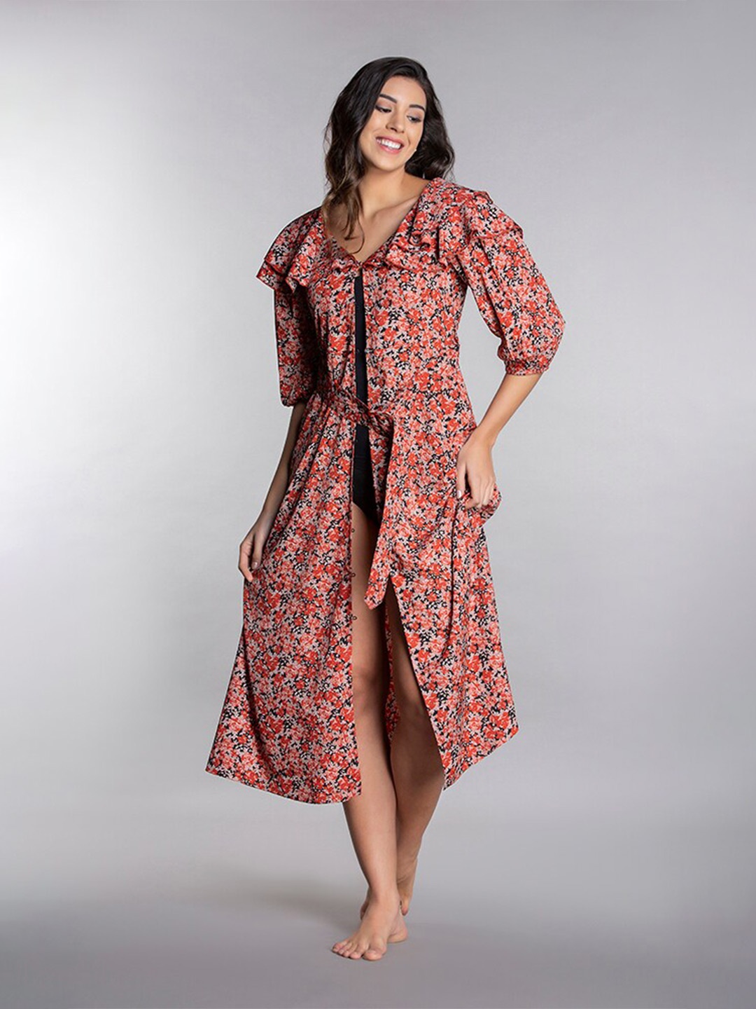 

MKOAL Floral Crepe Cover Up, Brown