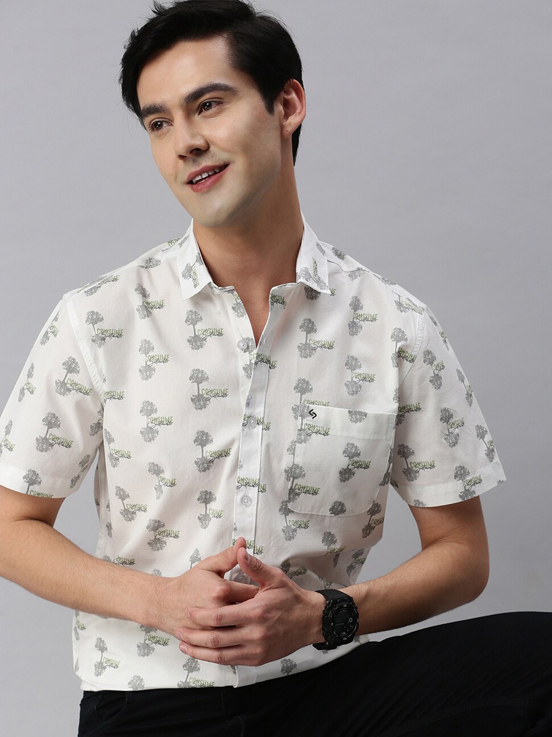 

Classic Polo Slim Fit Conversational Printed Cotton Casual Shirt, White
