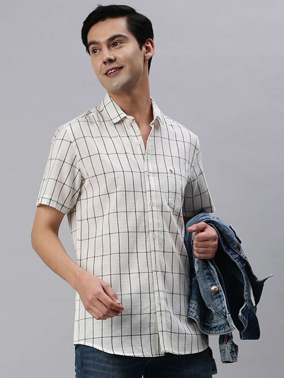 

Classic Polo Slim Fit Windowpane Checks Checked Cotton Casual Shirt, Cream