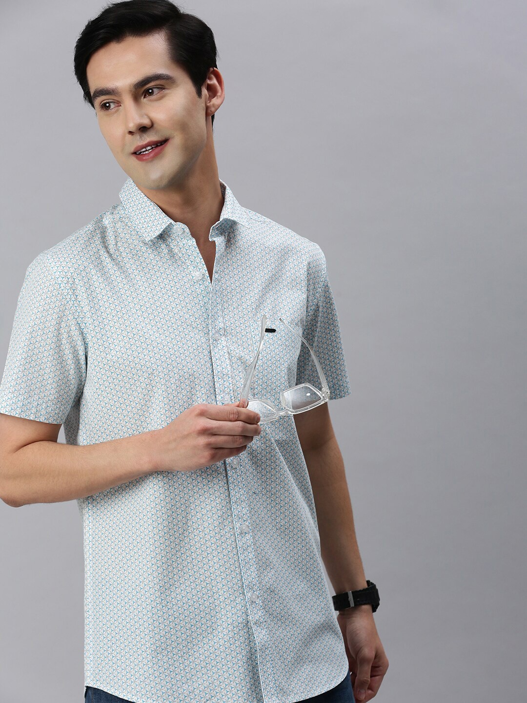 

Classic Polo Slim Fit Geometric Printed Cotton Casual Shirt, Blue
