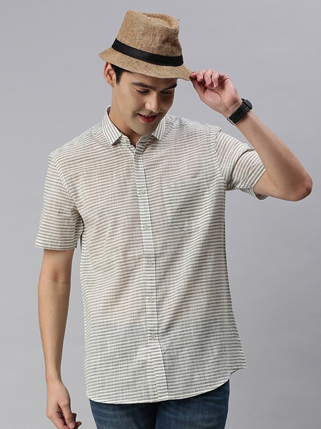 

Classic Polo Horizontal Stripes Cotton Slim Fit Casual Shirt, Brown