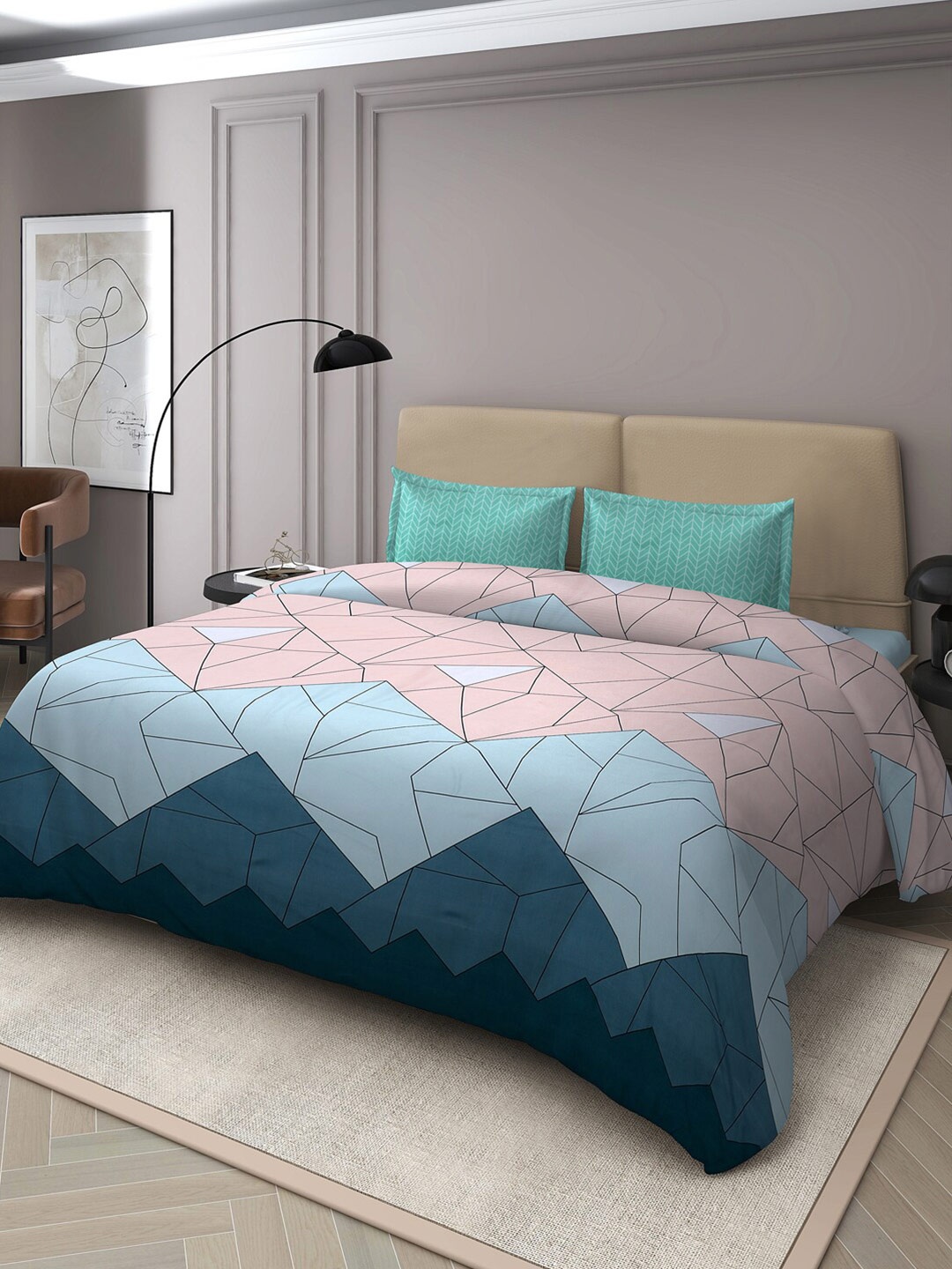 

Nendle Peach-Coloured & Green Abstract 210 TC Queen Bedsheet with 2 Pillow Covers