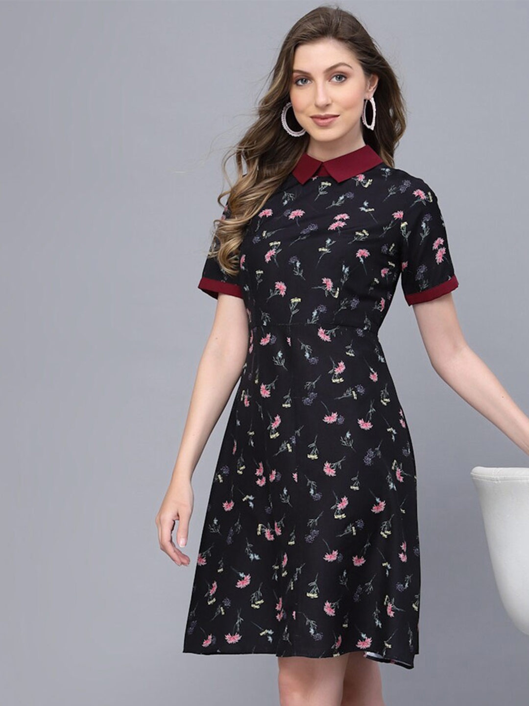 

Selvia Shit Collar Floral Printed Fit & Flare Dress, Black