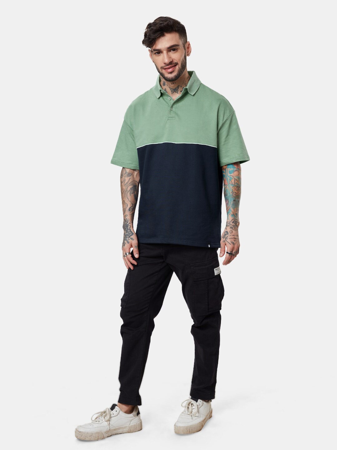 

The Souled Store Colourblocked Polo Collar Drop shoulder Sleeves Oversize Fit Oversized T-Shirt, Navy blue