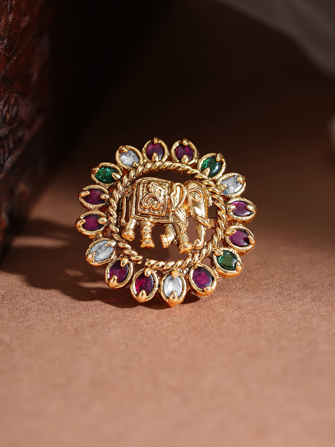 

Rubans Gold-Plated CZ-Studded Elephant Motif Temple Adjustable Finger Ring, Pink
