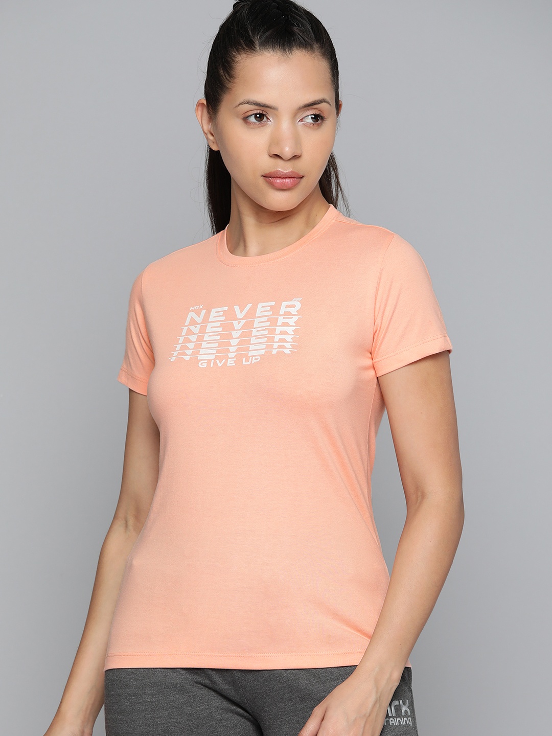 

HRX by Hrithik Roshan Typography Printed Gym T-shirt, Peach